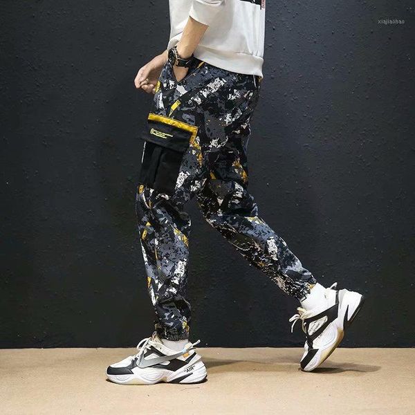 

fashion streetwear camouflage jogger pants men loose fit ankle banded punk style hip hop pants multi pocket cargo1, Black