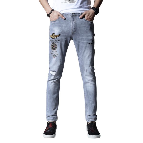 

2021 men's new embroider jeans thin hip pants summer light gray spring 1y36, Blue