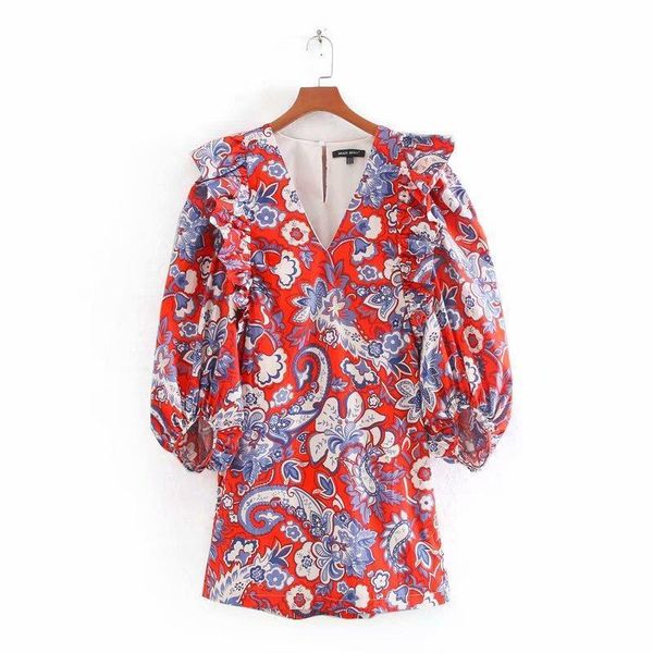 

новые женщины элегантные v шея пейсли цветочные vestidos печать мини платье дамы фонарный рукав плиссированные орфлики шикарные платья, Black;gray