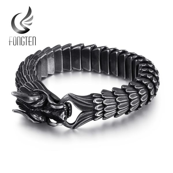 

fongten dragon link chain bracelet men biker viking stainless steel punk mens old metal vintage bangles jewelry gift 200928, Black