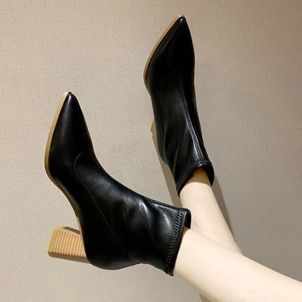 

stretch fabric women boots high heels dress shoes pointed toe pumps square heel fashion booties 2020 new black botas mujer 8602n #x72q
