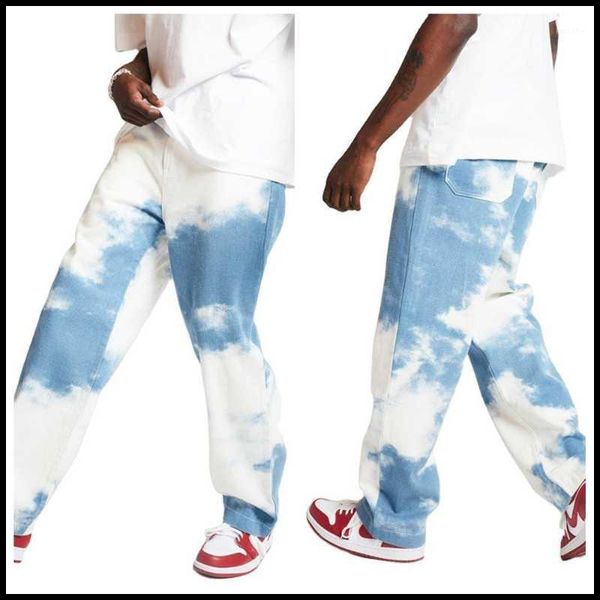 

2020 new men's jeans fashion tie dye polished white loose denim pants hip hop rock style jeans s-3xl global drop shipping1, Blue