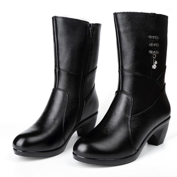 

boots women's winter leather mid-tube non-slip rubber keep warm in autumn1, Black
