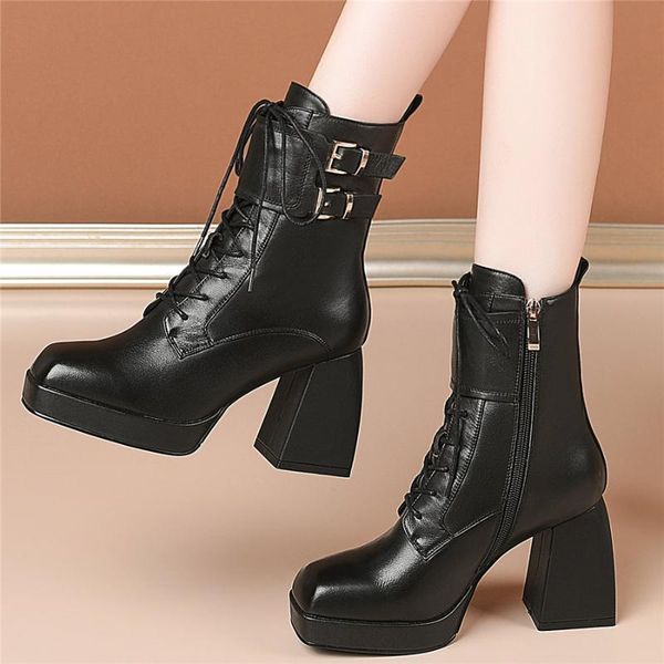 

winter booties women lace up genuine leather chunky high heels motorcycle boots female high square toe platform pumps shoes, Black