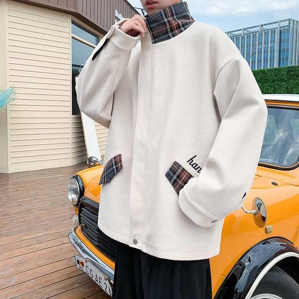 

winter new woolen coat men fashion lattice stitching casual warm long jacket man streetwear wild loose windbreaker male clothes1, Black