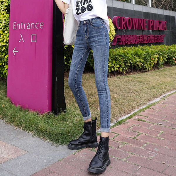 

2020 new waisted jeans for women slim fit, small feet versatile elastic tight show high pencil capris, Blue