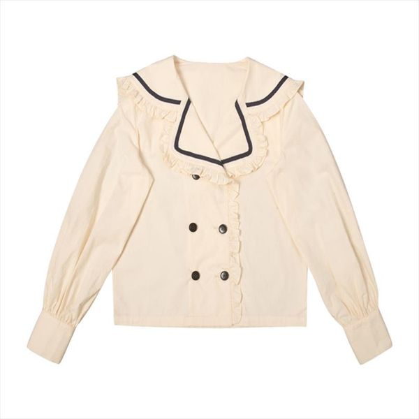 

perhaps u women beige sailor collar button lantern sleeve long sleeve shirt loose b0681 drop shipping, White