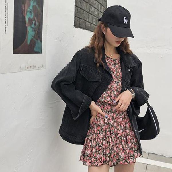 

women's jackets 2021 spring/autumn cowboy jacket multi-flower embroidery on back fashion long sleeve casual chic korea coat, Black;brown