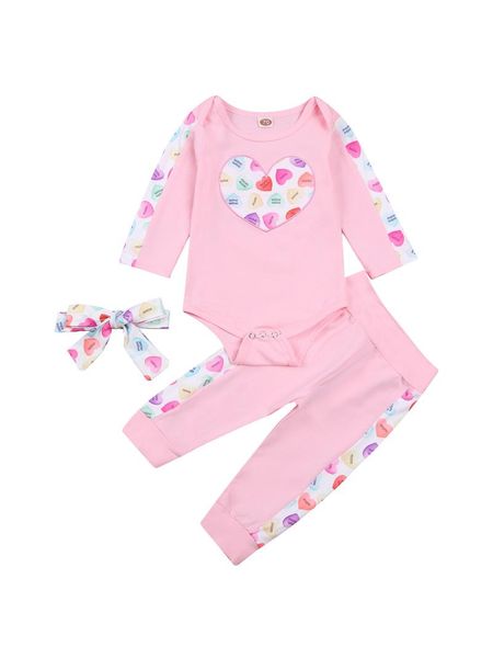 

3pcs infant baby girls outfits, long sleeve crew neck heart print romper + pants + headband set, White