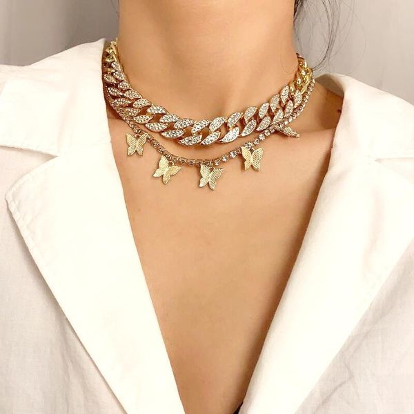 

chokers 2pcs/set luxury crystals cuban chunky chain and crystal box-chain fashionable butterfly metal hip hop chocker necklace, Golden;silver
