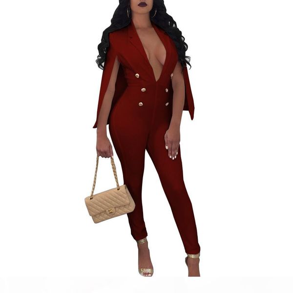 

new cloak trousers rompers womens jumpsuit v neck buttons outfits evening party overalls full bodysuit bodycon jumpsuits, Black;white