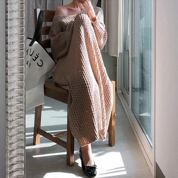 

new vintage warm autumn sweater women dress winter long sweater knitted dresses loose maxi oversize lady dresses robe vestidos, Black;gray