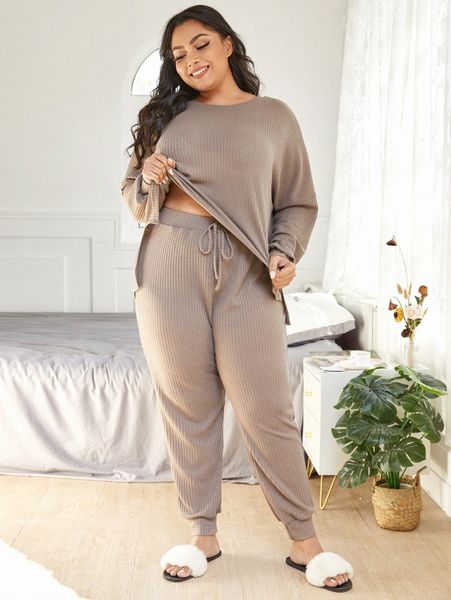

plus waffle knit high low hem pj set u9to#, Black;white