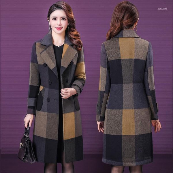 

2021 new winter plaid woolen coat women elegant long sleeve ladies mink velvet coat female wool jacket overcoats m7301, Black