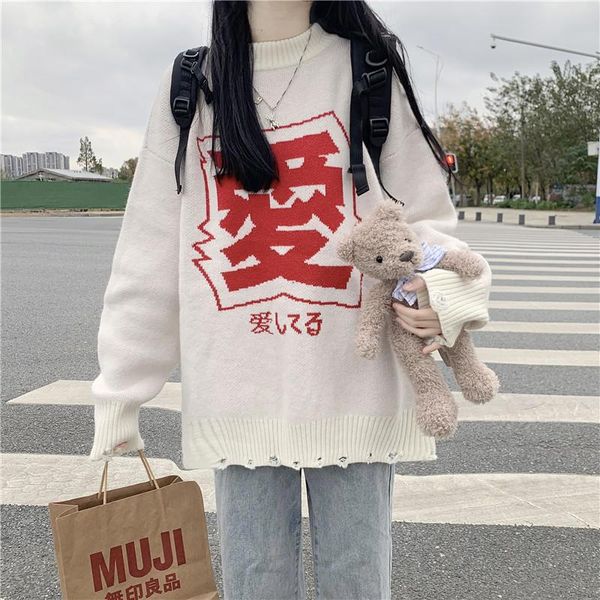 

new autumn vintage women sweater kawaii love pullover female harajuku casual ripped knit jumper mujer, White;black