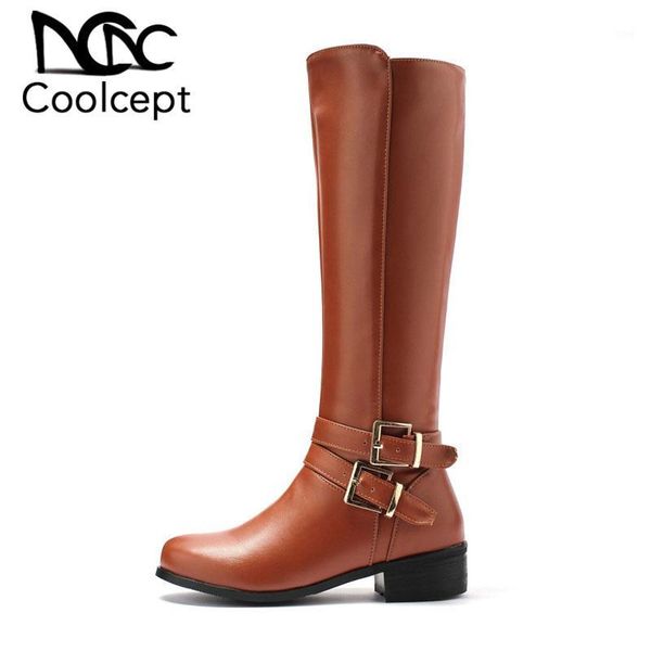 

boots coolcept 2021 size 33-46 pu leather knee high chunky heels buckle zipper long retro winter warm shoes woman footwear1, Black