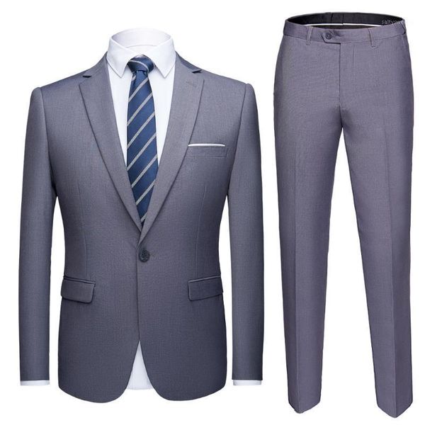 Ternos masculinos blazers 2021 tamanho asiático conjunto masculino cinza formal blazer calças casamento smoking masculino 2 peça terno terno casamento magro 2303