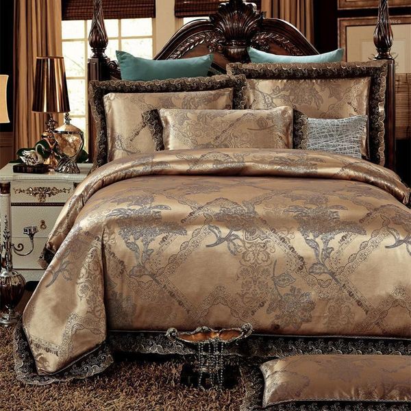 

j2 jpcs european style mulberry silk bed linen set jacquard satin bedding sets/bedclothes  king size duvet cover sheet set1