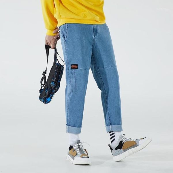 

loose casual jeans men's simple wild nine-point pants stitching straight wide leg pants trousers1, Blue