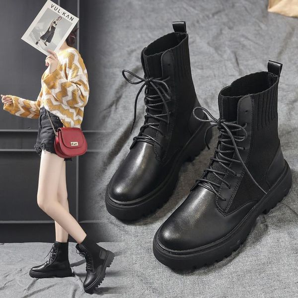 

brand women's shoes lady boots round toe boots-women fashion rock low rubber lolita autumn mid-calf 2020 mid calf lace-up, Black