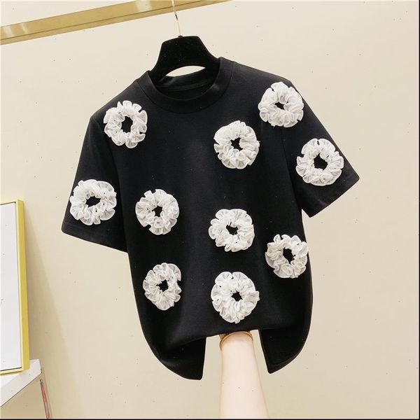 

stereo flower pure cotton short sleeved t shirt womens 2021 summer wear korean style loose fit t shirt fashion tshirt, White