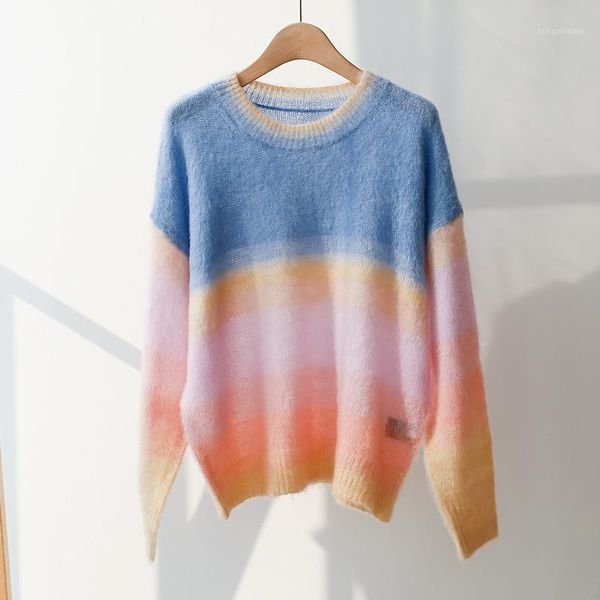 

rainbow color patchwork knitted sweater womens mohair blend jumper knit pullover o-neck long sleeve fashion knitwear1, White;black