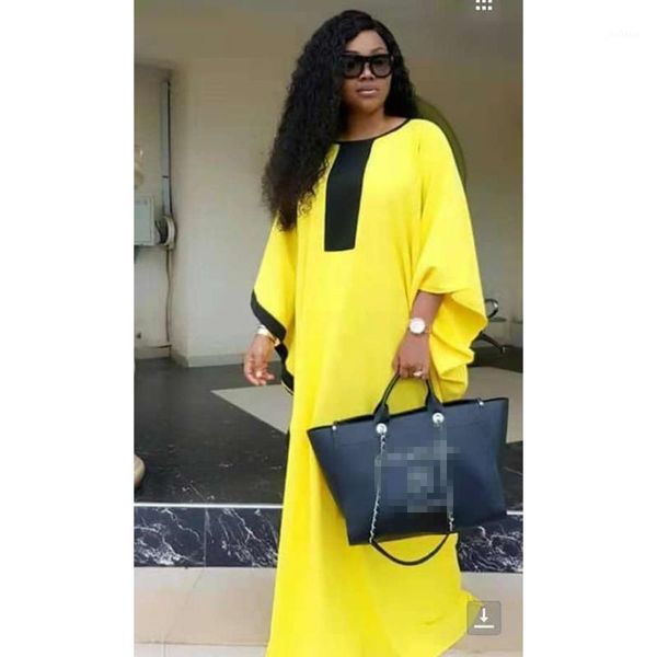 

african dresses women loose robe oversized fashion high elastic yellow long dress maxi solid plus size batwing sleeve vestidos1, Black;gray