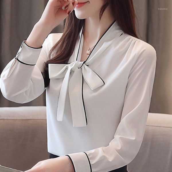 

blusas mujer de moda 2020 blouse women bow v-neck office chiffon blouse shirt long sleeve white women blouses a8951