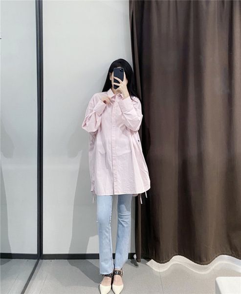 

autumn 2020 boyfriends loose medium women's length poplin pleated long sleeve shirt pink casual top, Black;gray