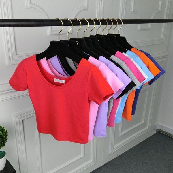 

u neck crop ladies short sleeve t shirt tee basic stretch t-shirts women harajuku slim women for women clothing, White