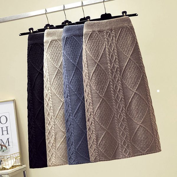 

new 2021 midi long knit female skirt winter chic vintage standard braided mesh pencil skirts y339 ladies cj13 6mhr, Black