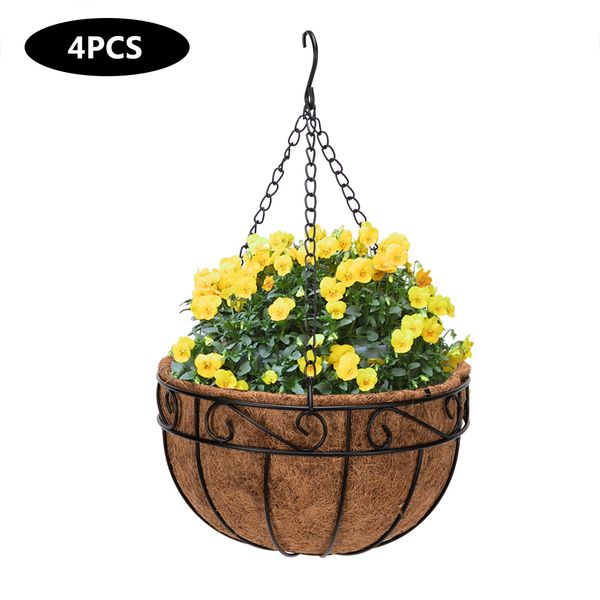 

4 pcs 10 inch wrought iron coconut palm hanging basket round garden balcony home decoration black&brown