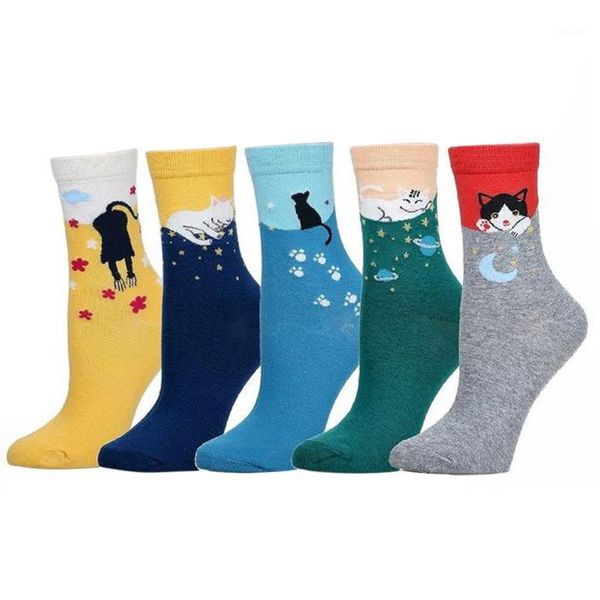

multicolor cute cat harajuku animal design women's casual comfortable cotton crew socks female autumn winter cotton socks1, Black;white
