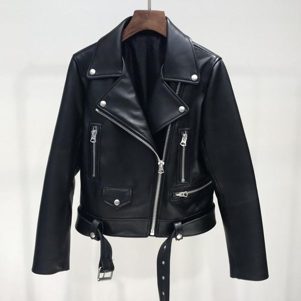 

2021 new fall women classic plutonium with belt short basic female leather jacket 61ue, Black