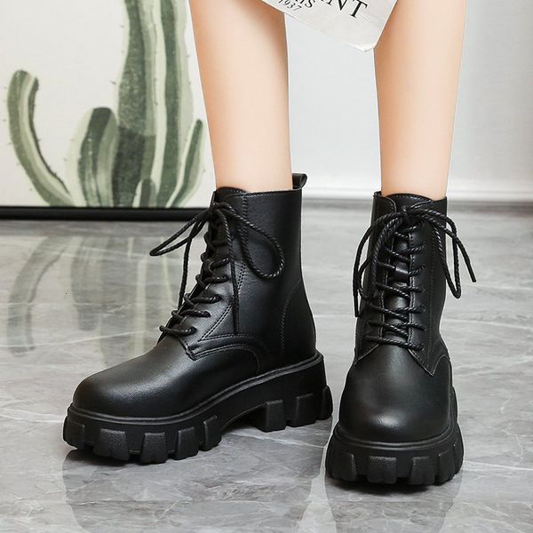 

2021 women ankle boots ladies shoes thick botomn pu patent leather fashion lace up non slip footwear new woman botas 2if0, Black