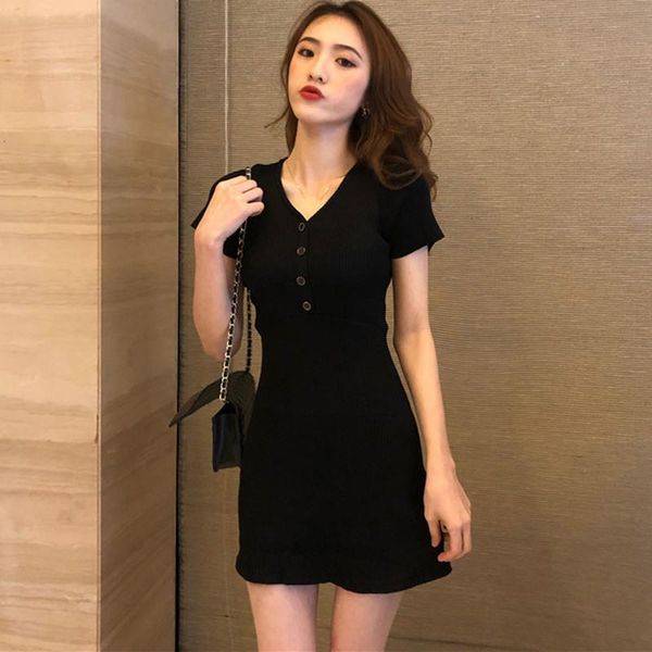 

knitted dress women solid color button slim dress summer short sleeve v-neck dresses 2021 new, Black;gray