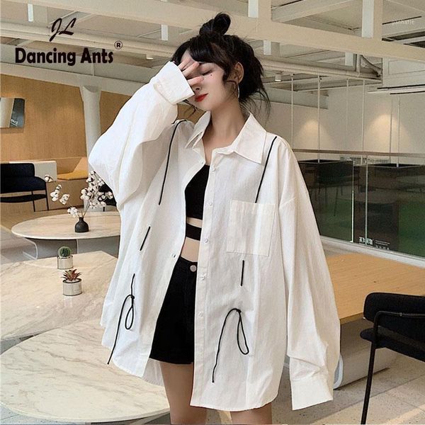 

harajuku drawstring shirts women spring 2020 solid turn down collar single breasted blouse casual loose female a100461, White