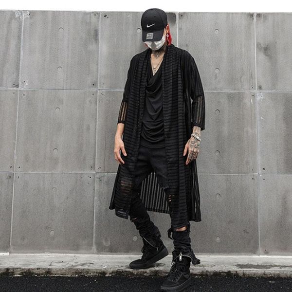 

men's casual shirts spring summer black ultrathin men long shirt side split lengthen blouse man vintage street punk hip hop cardigan, White;black