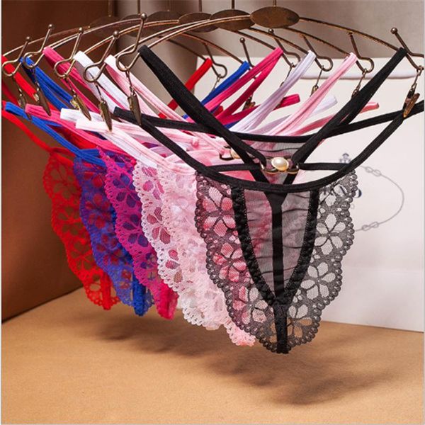 

women's panties pearl transparent mesh cross strap lace female thong, Black;pink