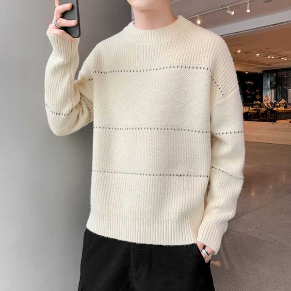 

men's autumn and winter fashion simple quality high-neck knitted warm striped all-match basic sweater, White;black