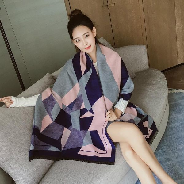 

scarves shawl dual warm geometric printing cashmere long thickened scarf bufanda mujer echarpes femme echarpe hiver laine, Blue;gray