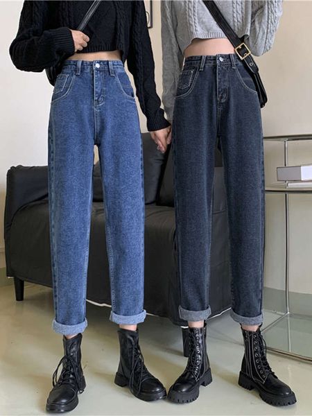 

plush jeans women's autumn winter 2020 new dark blue trousers fashion high waist show thin straight tube loose dad pants