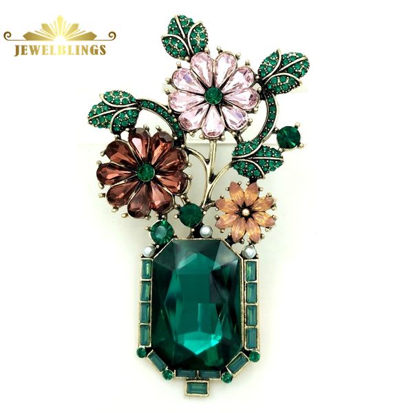 

gorgeous vintage green rhinestone colored flowers bonsai flower brooch gold tone green leaf deep red orange pink floral vase pin 201120, Gray