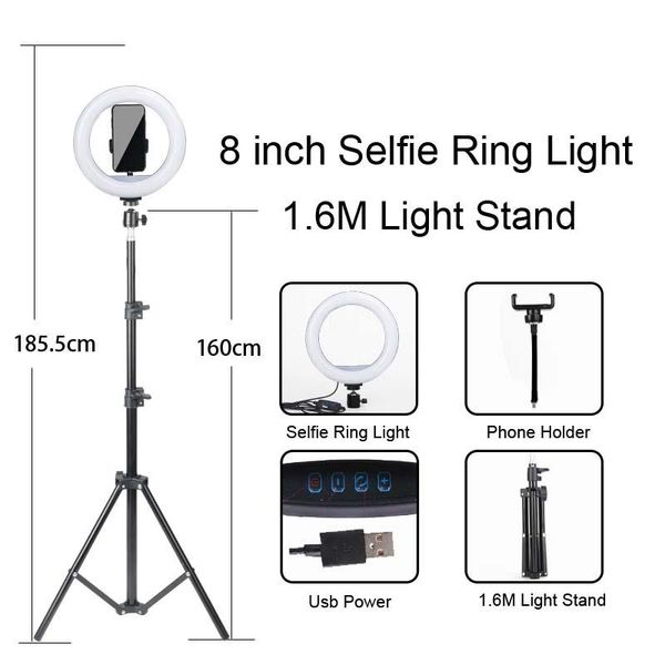 

8 inch dimmable led selfie ring light with stand 160cm usb lamp pgraphy ringlight for phone studio desktop