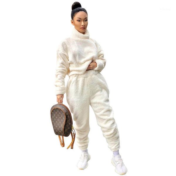 

solid cotton 2020 autumn winter outwear women tracksuit turtleneck sweater and trousers suits knitted streetwear two piece set1, Gray