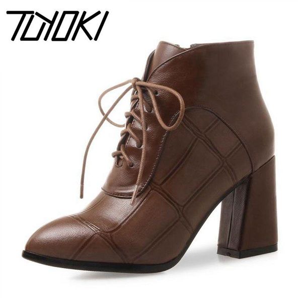 

boots tuyoki women ankle pointed toe warm fur winter shoes for plaid zipper thick high heels size 32-42, Black