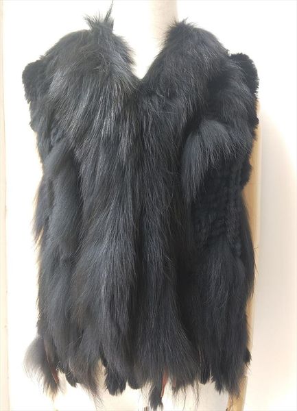 

2021 fashion real rabbit fur vest women knitted sleevless fur vests with real raccoon trimming ladies tassel gilets femme, Black;white