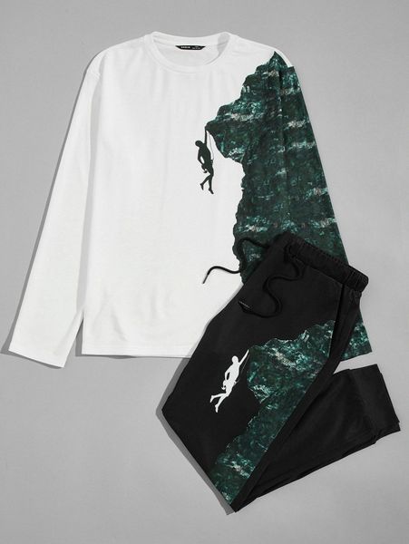 

men figure & mountain print tee and sweatpants set q7lb#, Gray