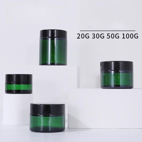 Top Quality Verde Azul Vidro Cosmético Creme Garrafa com LID Preto Loção Vazia JAR 20G 30G 50G 100G