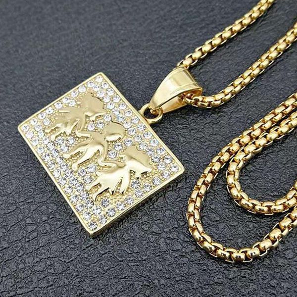 

pendant necklaces hip hop full rhinestones bling iced out gold stainless steel kid geometric square pendants necklace dog tag men rapper jew, Silver